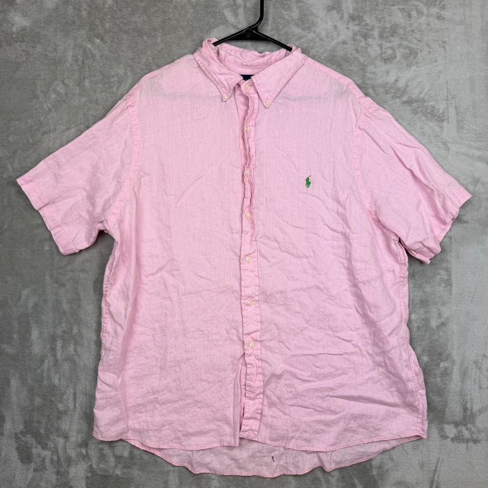Polo Ralph Lauren Mens XXL Pink Ocean Wash Linen Short Sleeve Button Down Shirt